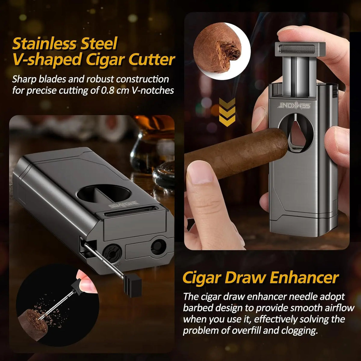 Cigar Lighter 4 Jet Flame Cigar Lighters with Cigar Cutter Cigar Accessories Cigar Draw Enhancer Windproof Refillable Butane
