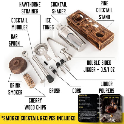 Bartender Kit with Whiskey Smoker – 13-Piece Bar Set with Pine Stand