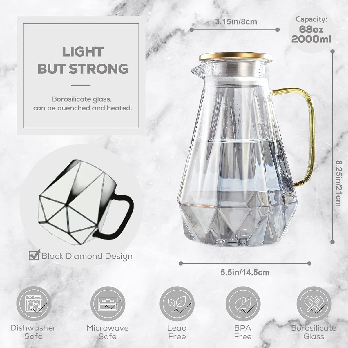 Black Diamond Glass Pitcher with Lid [68 Oz], Elegant Design Water Pitcher with Handle, Decoration for Room, High Durability Water Glass Carafe for Ice Tea Maker, Beverage, Hot/Cold Coffee