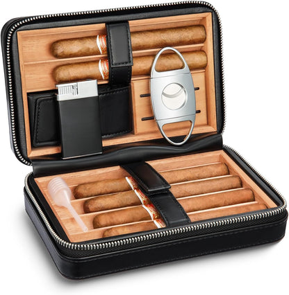 Cigar Humidor, Leather Cigar Case with Cedar Wood Lined, Portable Travel Cigar Humidor with Lighter and Cutter, Cigar Accessory Set, Cigar Gift Set - Black