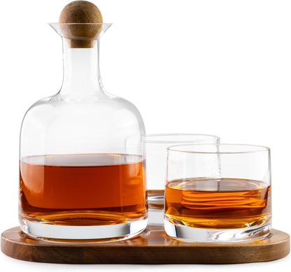 Whiskey Decanter Set with Glasses, Wood Tray and Stopper