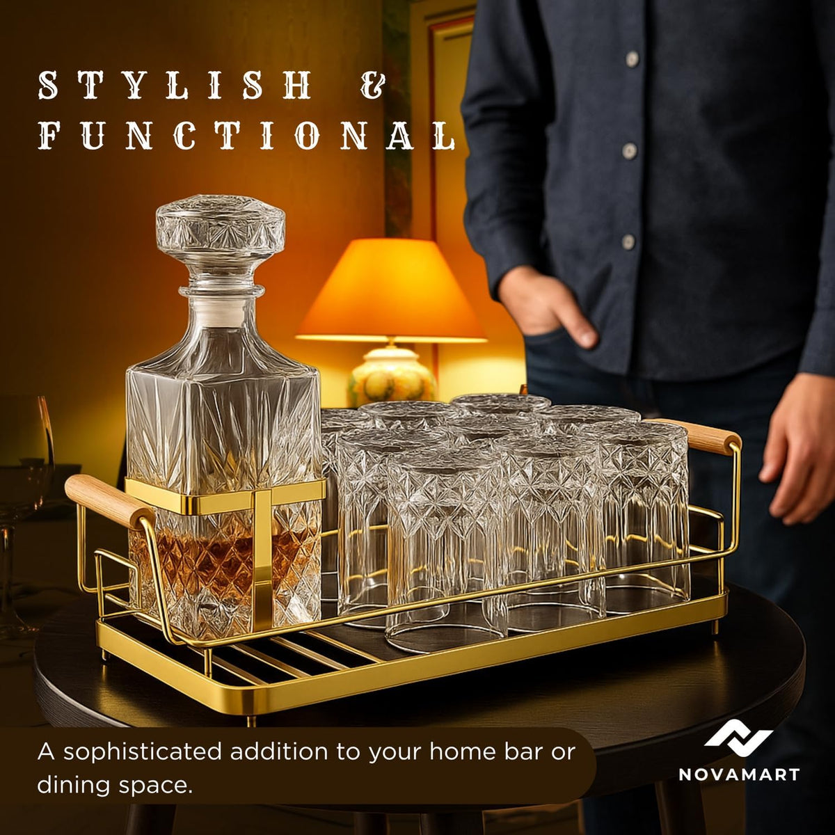 Customised Whiskey Decanter Set with 6 Glasses, Wooden Gift Box & Metal Tray – Premium Glass Barware Corporate Keepsake for Men, Groomsmen, Anniversary, Father’S Day Heavy Liquor Pour
