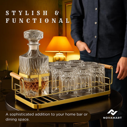 Customised Whiskey Decanter Set with 6 Glasses, Wooden Gift Box & Metal Tray – Premium Glass Barware Corporate Keepsake for Men, Groomsmen, Anniversary, Father’S Day Heavy Liquor Pour