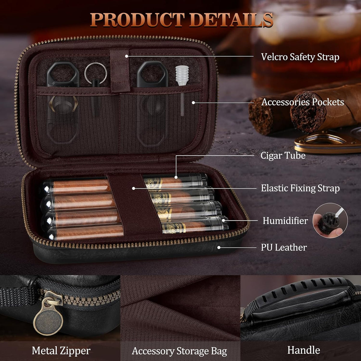 Travel Cigar Humidor Case, Portable Cigar Bag with 4 Cigar Tubes, Leather Cigar Case Include Straight Cutter, V Cutter, Hole Puncher, Gift Set for Cigar Lovers, Lighter Not Included (Black)
