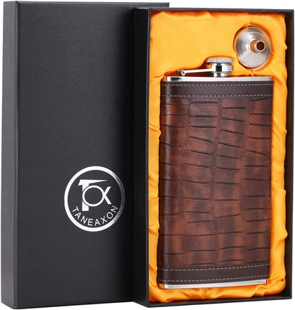 12 Oz Crocodile Pattern Brown Leather Whiskey Liquor Flask