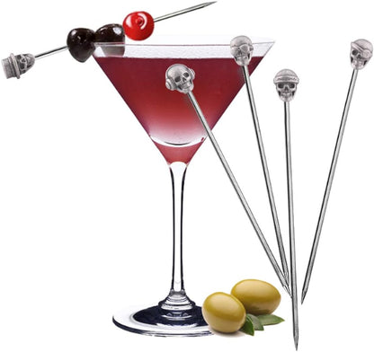 5 Piece Cocktail Picks Stainless Steel Skull Tops Martini Picks Reusable Olive Picks (Antique Silver)