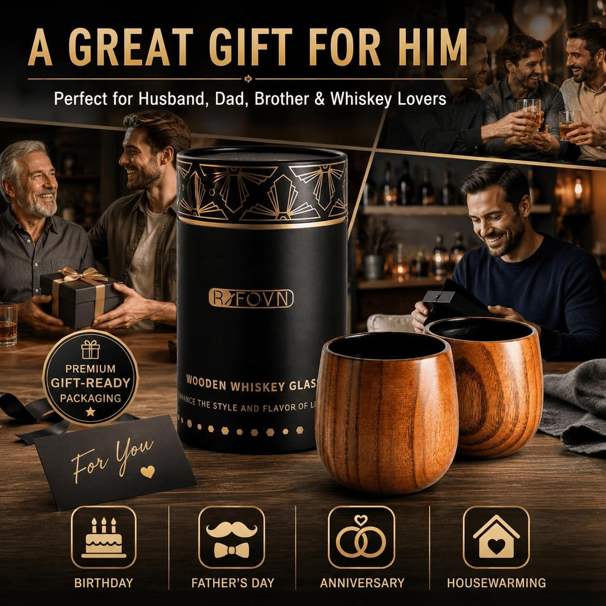 Wooden Whiskey Glasses 10Oz, Rustic Bourbon Glasses, Birthday Gifts for Men, Husband, Dad, Brother, Home Bar Drinkware (2 Pack)