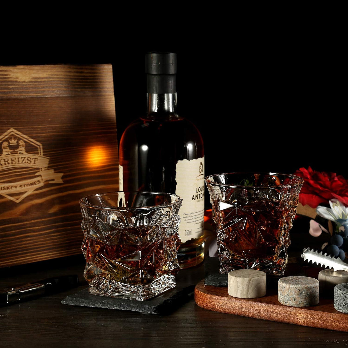 Whiskey Stones Gift Set - Whiskey Glass Set of 2 - Granite Chilling Whiskey Rocks - Scotch Bourbon Whiskey Box Set- Best Drinking Gifts for Men Dad Husband Birthday Party Holiday