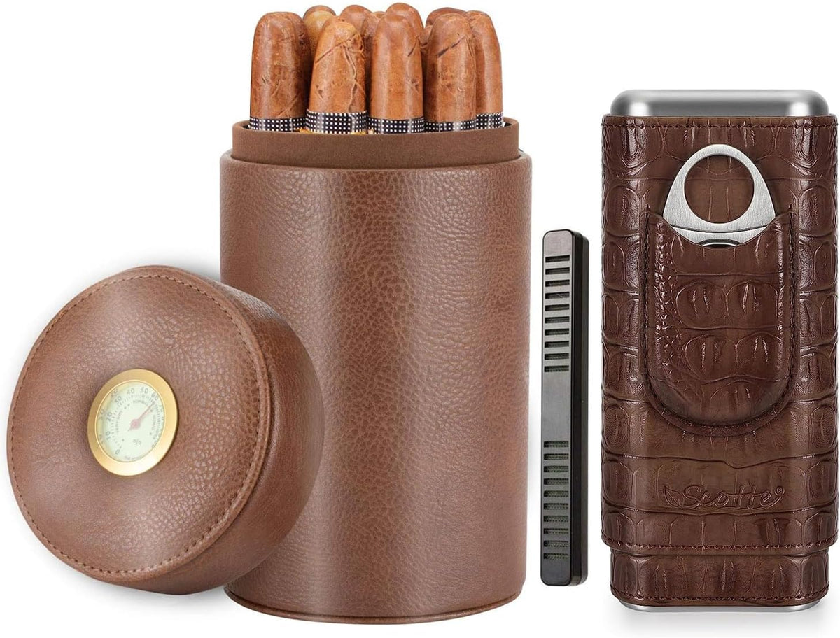 Leather Cigar Humidor Case/Cigar Jar and Travel Cigar Case/Cigar Box with Cedar Wood Lined Cigar Accessories