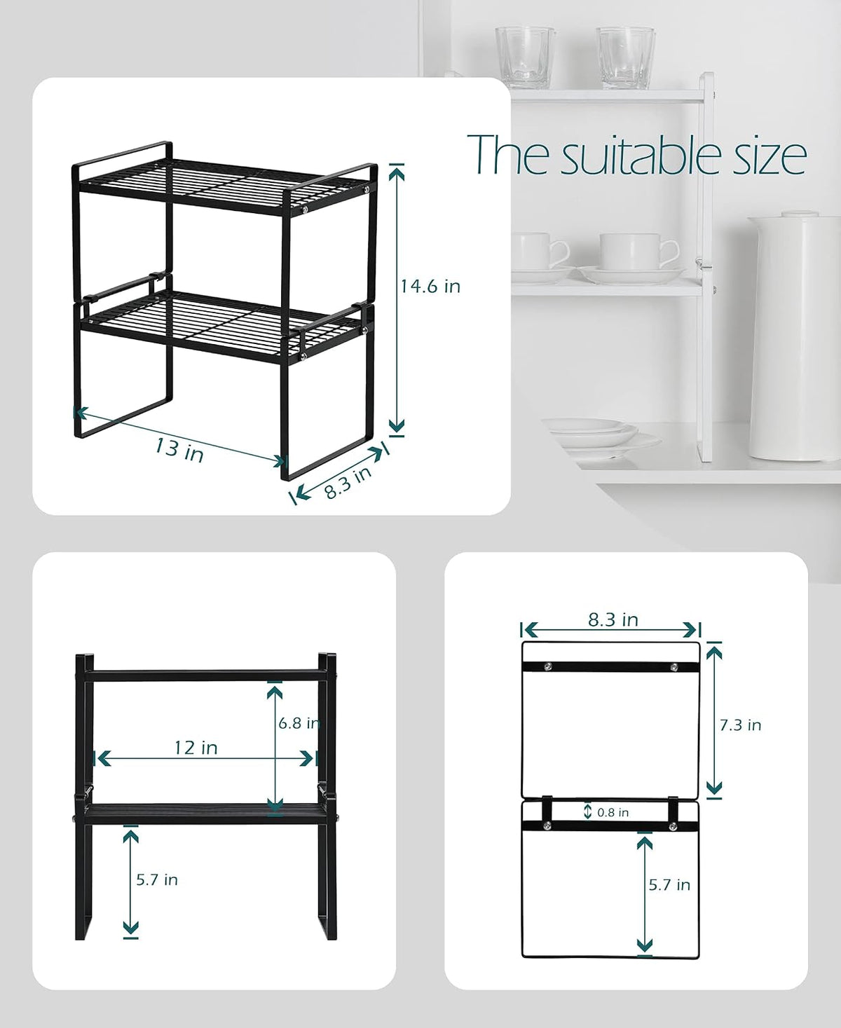 Cabinet Shelf Organizer, Pantry Shelf Rack, Black 13X8.3X7.3
