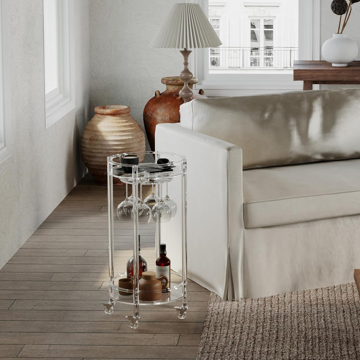 Acrylic Bar Cart, Rolling round Bar Cart, 2-Tier Home Serving Cart