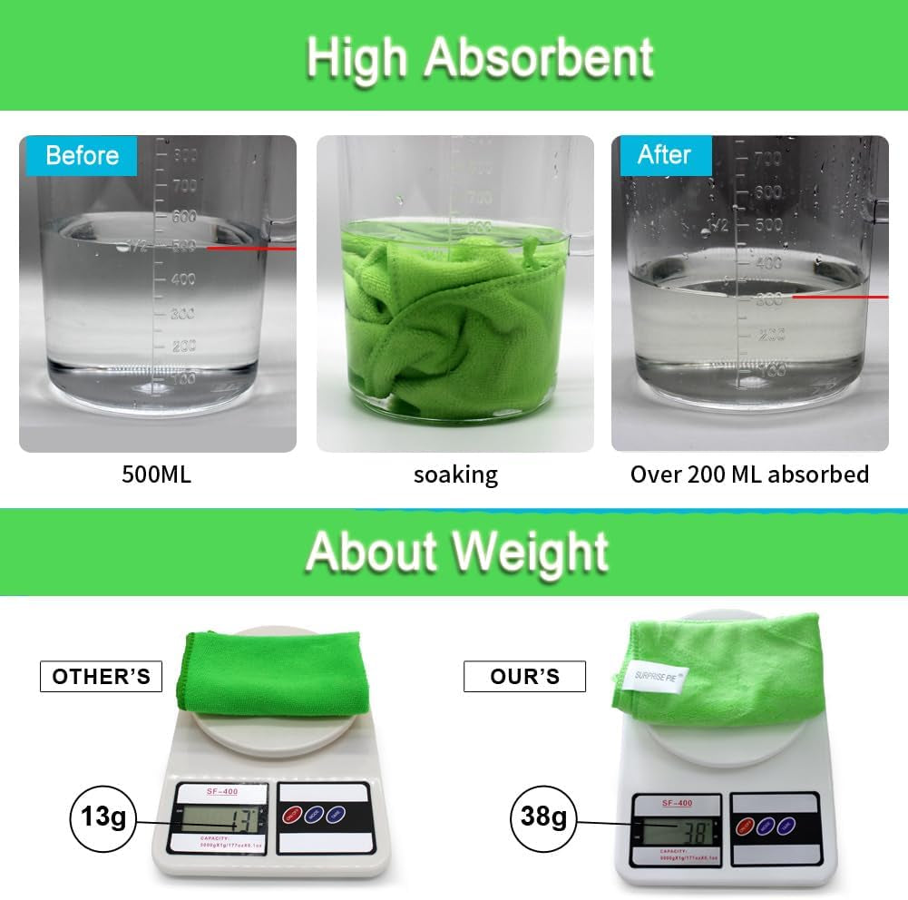 Premium 400 GSM Microfiber Cleaning Cloths, Ultra Absorbent Lint Free Towels, Thick Reusable Cleaning Rags for Kitchen, Car Wash, Glass, Stainless Steel & Household Cleaning, 6 Pack 12"X12" Green