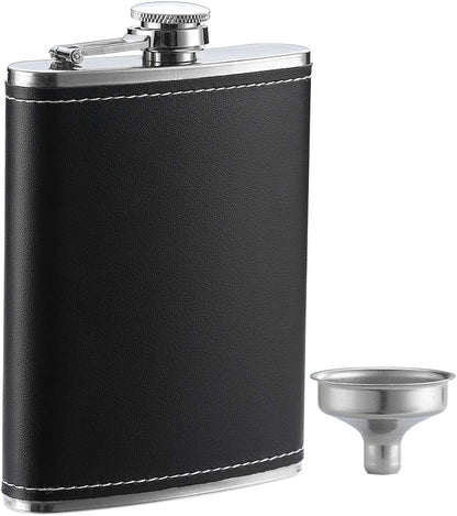 1 Pack Flask for Liquor and Funnel, Premium 8 Oz Leak Proof 18/8 Stainless Steel Pocket Hip Flask with Black Leather Cover, Great Gift Idea