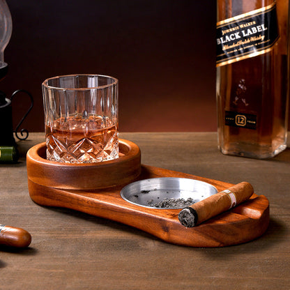 2-in-1 Wooden Ashtray & Cigar Holder with Rustic Wood Whiskey Glass Tray – Elegant Multifunctional Accessory