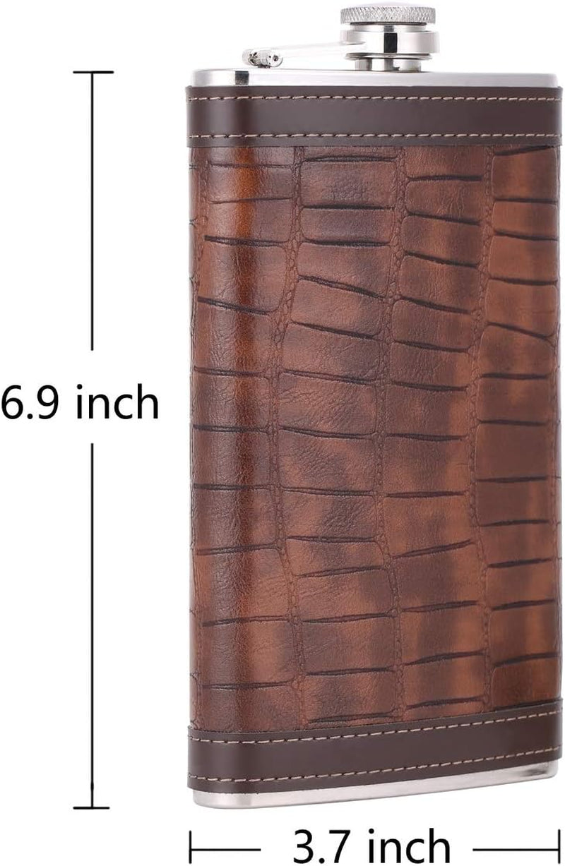 12 Oz Crocodile Pattern Brown Leather Whiskey Liquor Flask