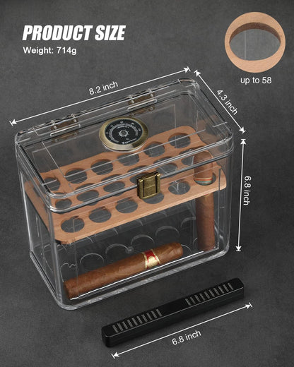 Cigar Humidor, Acrylic Humidor Cigar Box, Cigar Accessories with Hygrometer & Humidifier, Cigar Gifts for Men, Humidor with Cedar Wood Tray, Cigar Case Fits 18-50 Cigars, Cigar Box Gift