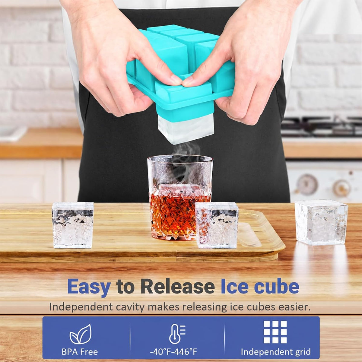 Large Ice Cube Trays for Whiskey:  Big Silicone Ice Cube Trays 2Inch - Huge Square Ice Cubed Tray for Whisky