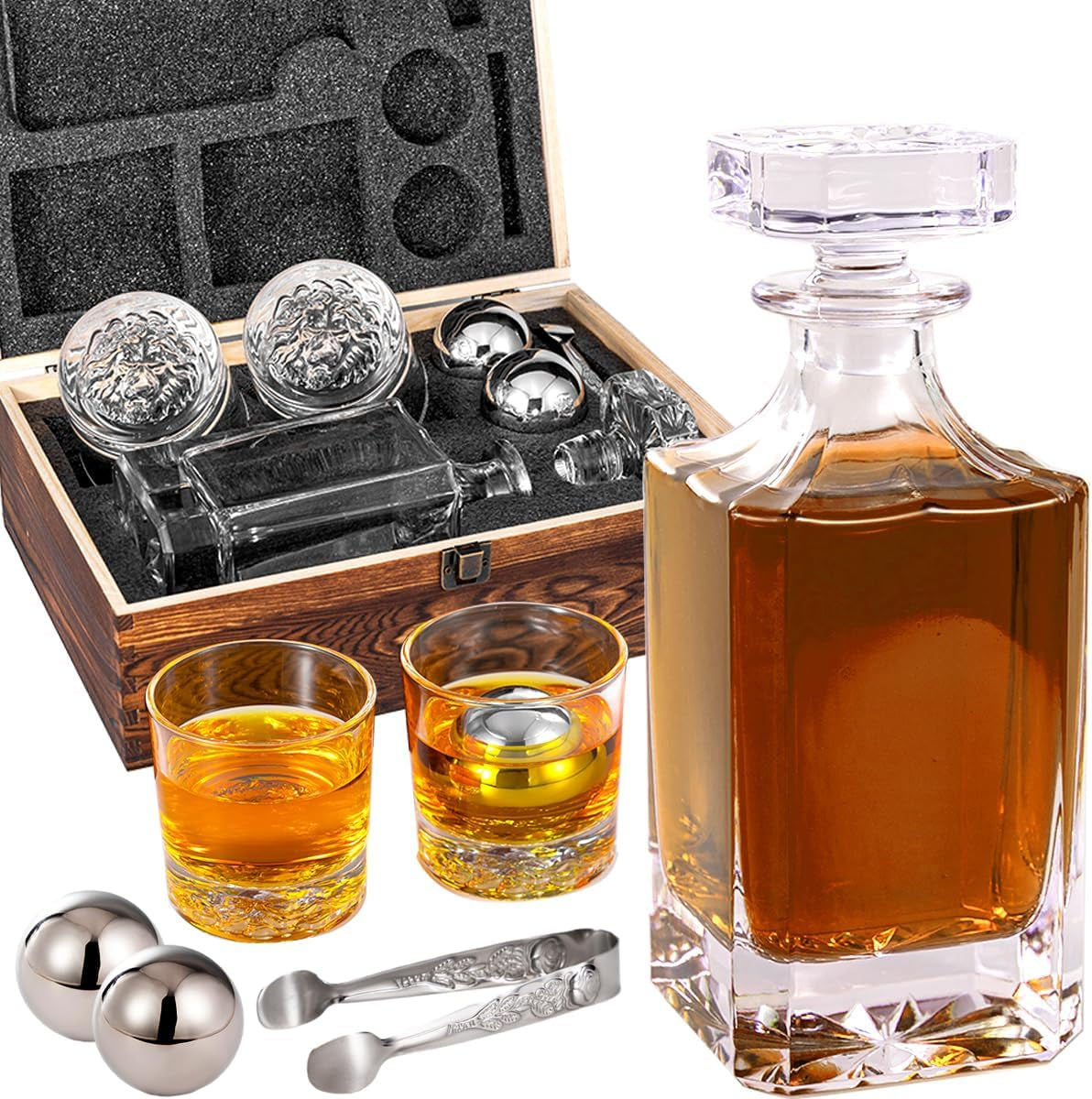 Whiskey Decanter Set with Wooden Box, Lion Whiskey Glasses 10 Oz and 25 Oz Bourbon Decanter Set with 18/10 Stainless Steel Whiskey Stones, Tongs, Whiskey Gifts for Men Husband Dad Wedding