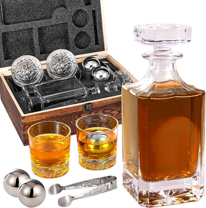 Whiskey Decanter Set with Wooden Box, Lion Whiskey Glasses 10 Oz and 25 Oz Bourbon Decanter Set with 18/10 Stainless Steel Whiskey Stones, Tongs, Whiskey Gifts for Men Husband Dad Wedding