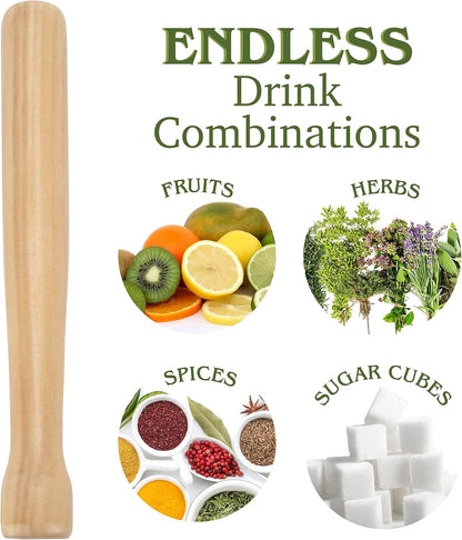 8” Wooden Cocktail Muddler - Wood Bar Supplies & Accessories for Herb & Fruit Mixing, Drinks, Restaurants, Home Kitchens, Shaker Sets & Cocktail Kits