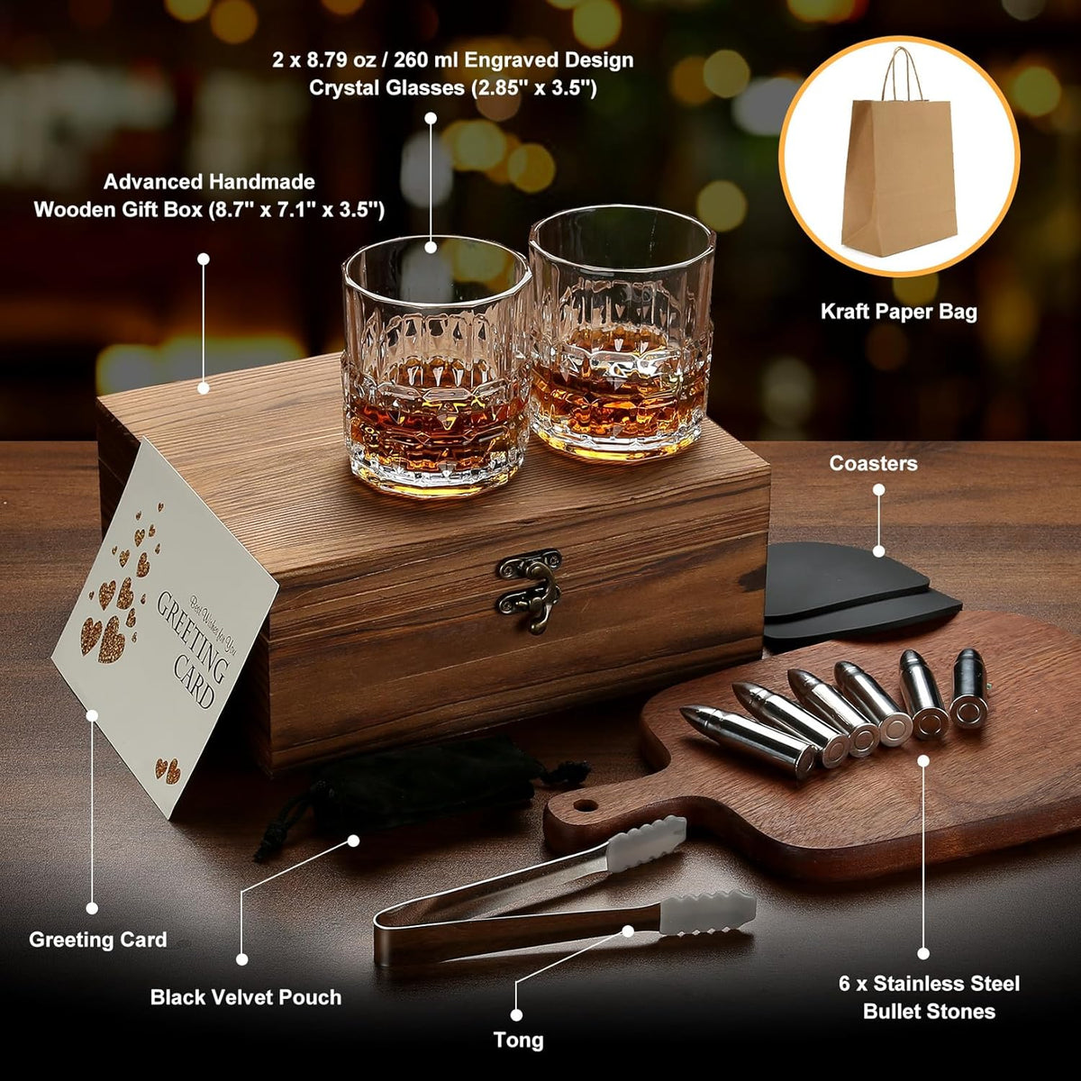 Gifts for Men Dad, Father'S Day Anniversary Birthday Gifts Ideas for Him Husband Boyfriend, Stainless Steel Whiskey Stones and Whiskey Glasses Set, Unique Whiskey Bourbon Groomsman Gifts for Men Boss