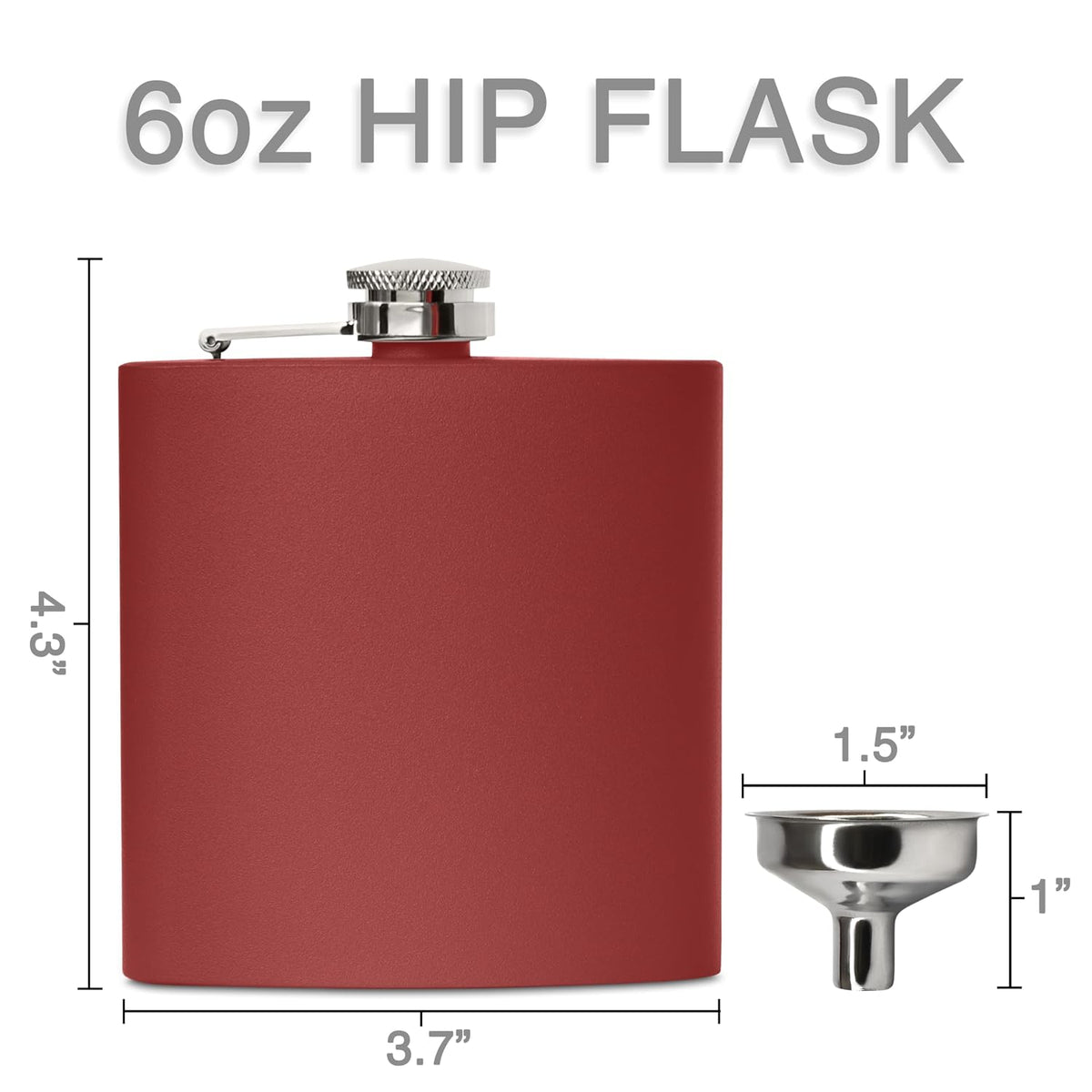 6 Oz Hip Flask W/Funnel, Matte Maroon