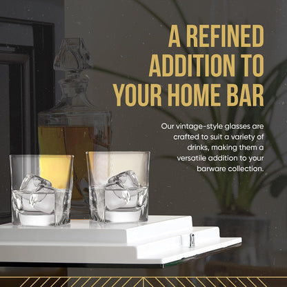 Double Old Fashioned Whiskey Glass (Set of 4) with Granite Chilling Stones - 10 Oz Heavy Base Rocks Barware Glasses for Scotch, Bourbon and Cocktail Drinks