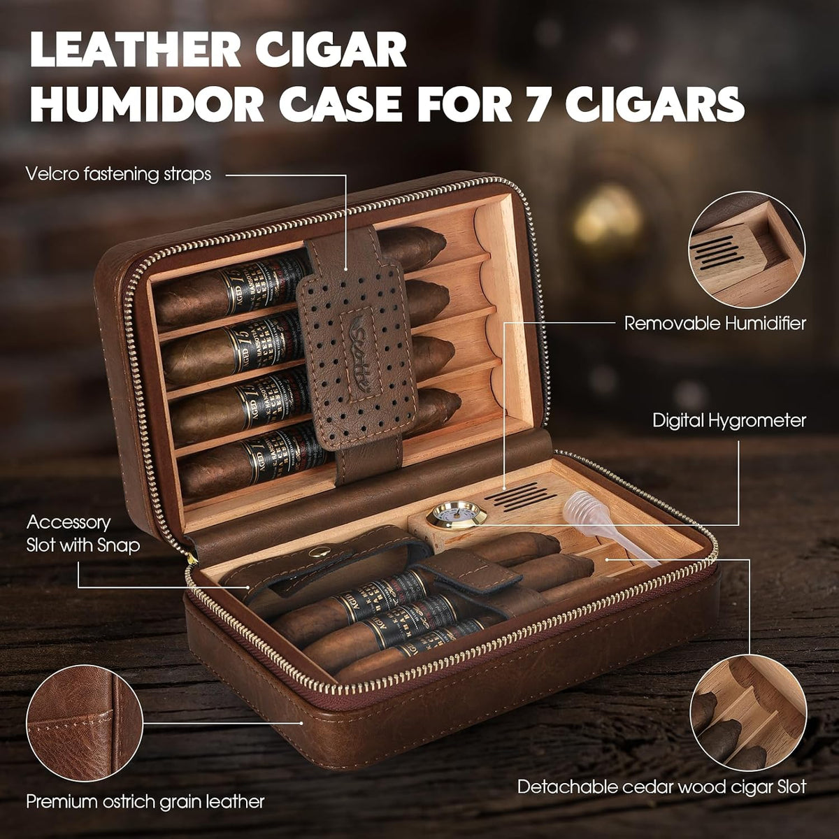 Cigar Humidor Box, Cigar Lighter Cedar Wood Lined Leather Cigar Case Built in Hygrometer & Humidifier, Torch Lighter with Cigar Holder Cigar Punch Portable Travel Cigar Humidor (Smooth Brown)