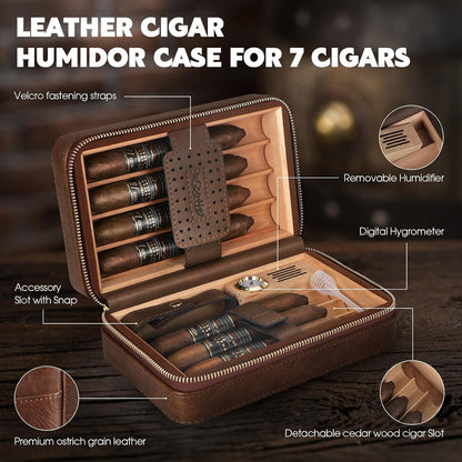 Cigar Humidor Box, Cigar Lighter Cedar Wood Lined Leather Cigar Case Built in Hygrometer & Humidifier, Torch Lighter with Cigar Holder Cigar Punch Portable Travel Cigar Humidor (Smooth Brown)