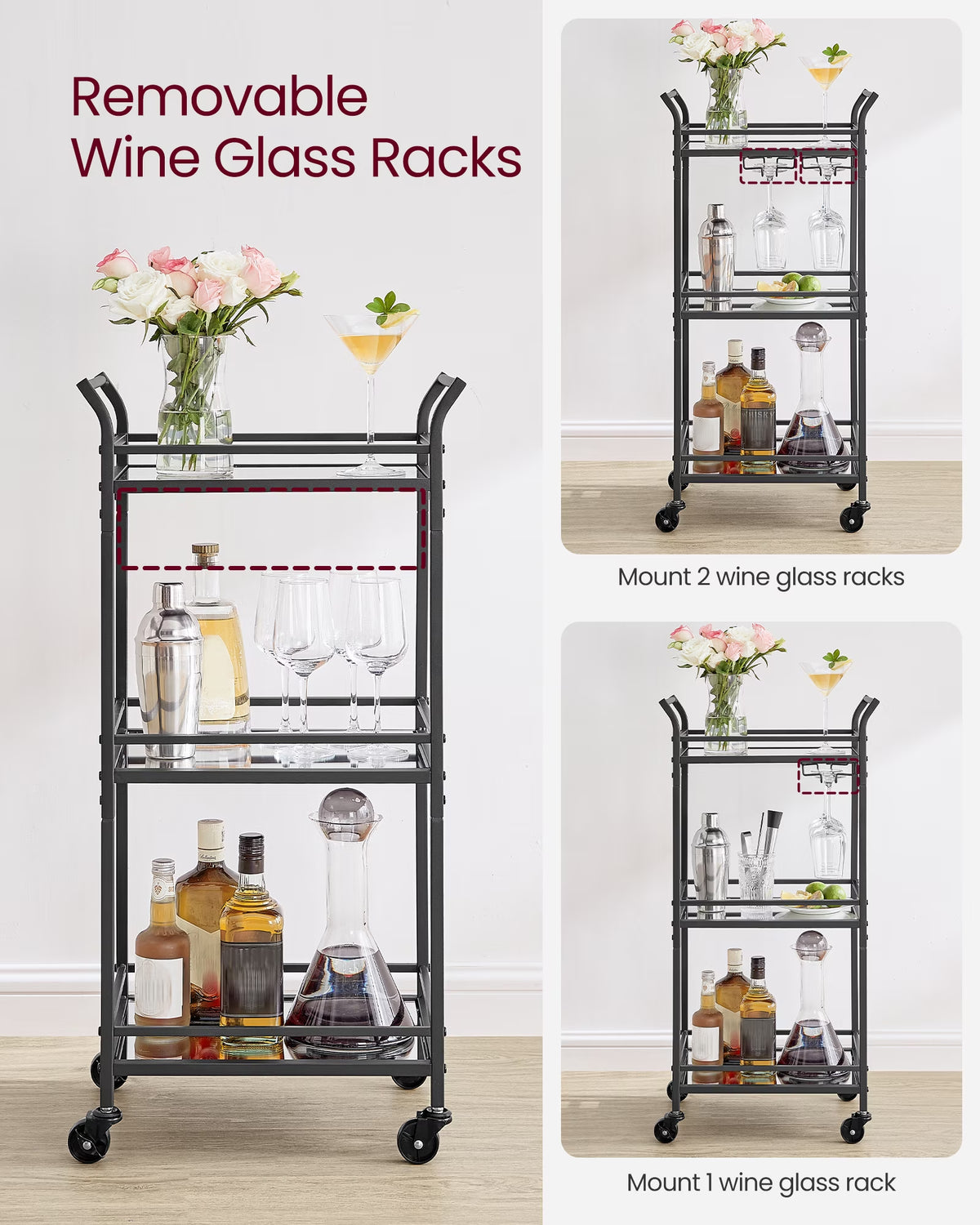 Bar Cart, Home Bar Serving Cart, Small Bar Cart with 3-Tier Shelf, Wine Holders, Glass Holders, Mini Bar Cart for Small Spaces, Ink Black