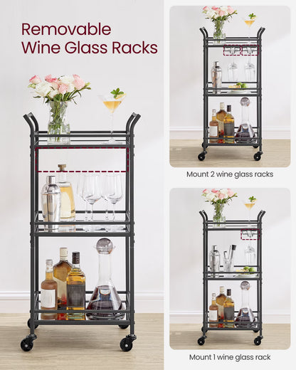 Bar Cart, Home Bar Serving Cart, Small Bar Cart with 3-Tier Shelf, Wine Holders, Glass Holders, Mini Bar Cart for Small Spaces, Ink Black