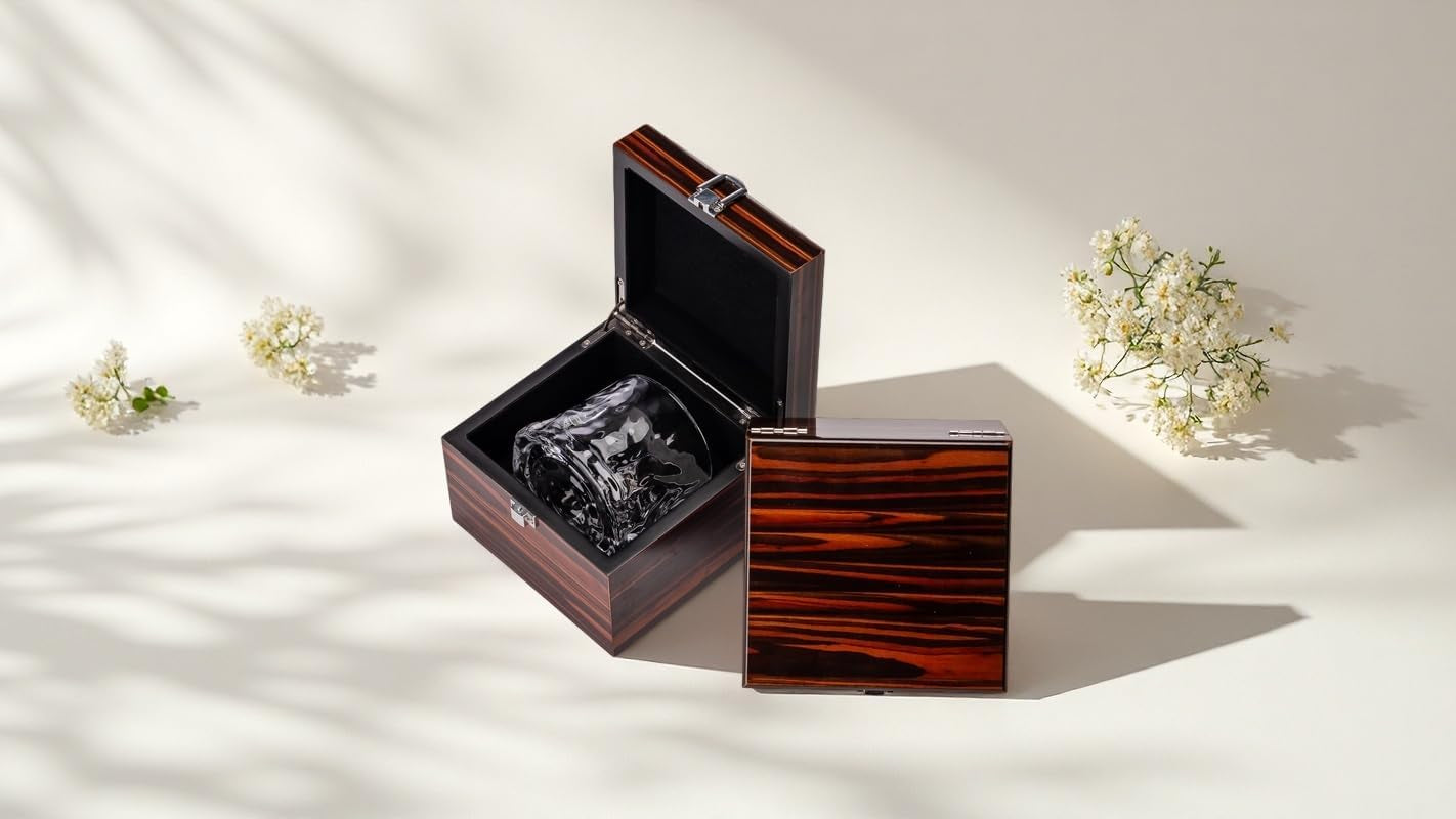 Whiskey Glass Gift Set with Premium Wood Gift Box, Crystal Bourbon Glass for Men, Dad, Husband, Birthday, Retirement, Groomsman, Christmas Gift (Volcanic)