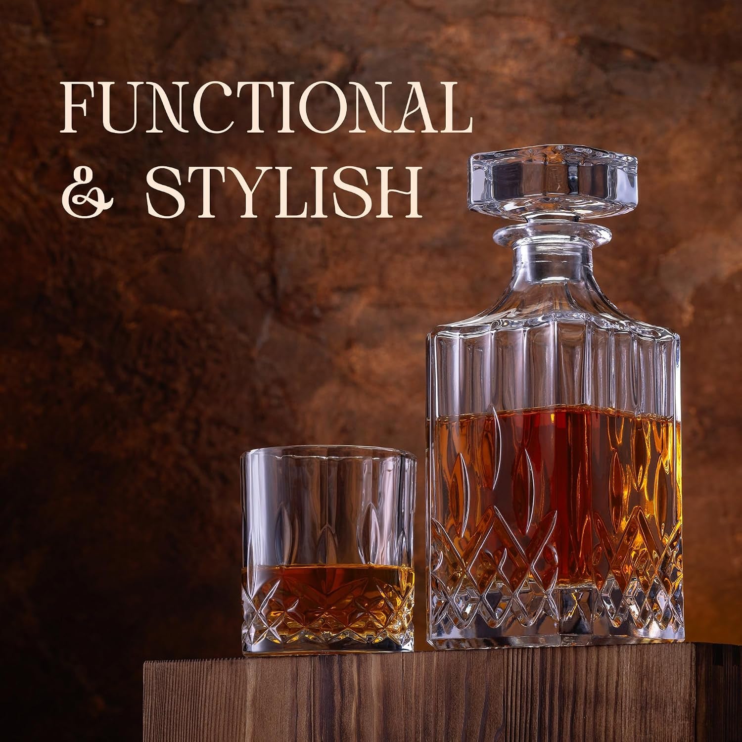 Luxury Whiskey Decanter Gift Set - 25Oz Crystal Decanter, 4 Old-Fashioned Glasses, 4 Slate Coasters with Diamond Pattern Premium Black Gift Box