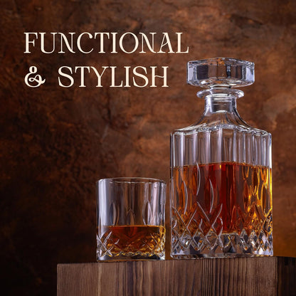 Luxury Whiskey Decanter Gift Set - 25Oz Crystal Decanter, 4 Old-Fashioned Glasses, 4 Slate Coasters with Diamond Pattern Premium Black Gift Box