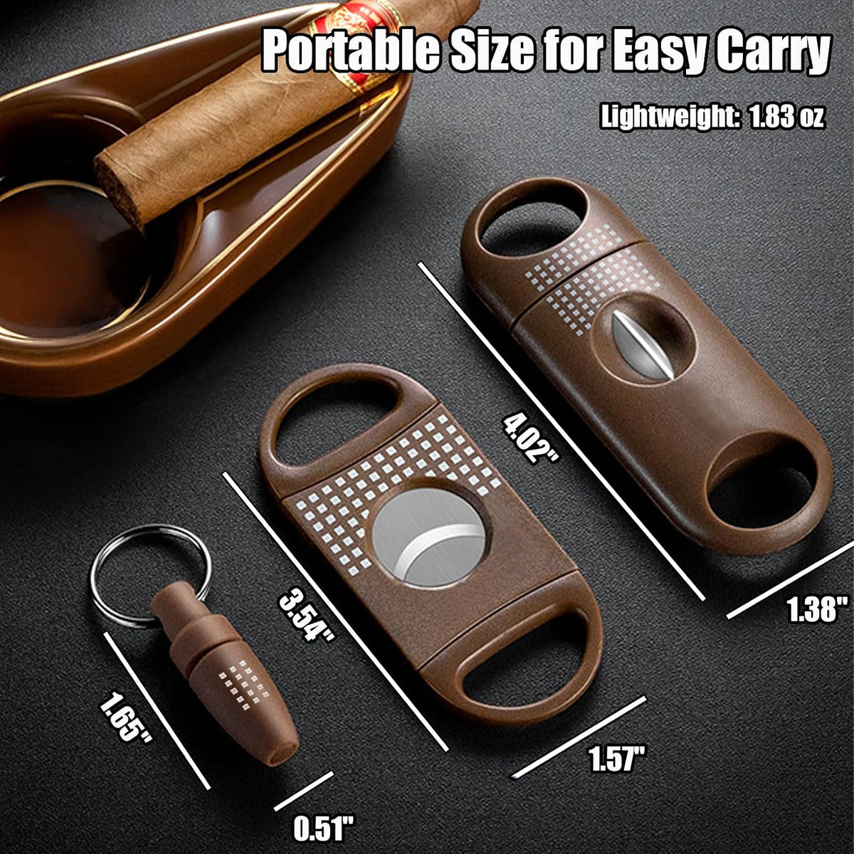 Cigar Cutter Set, with Cigar Straight Cutter, Cigar V Cutter, Cigar Punch, Multi-Functional Cigar Accessories Kit for Cigar Humidor Case, Portable Cigar Tools for Travel Outdoors (Brwon)