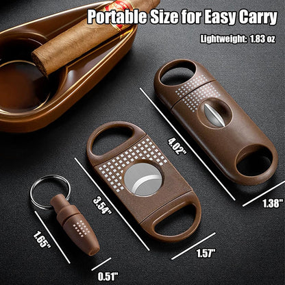 Cigar Cutter Set, with Cigar Straight Cutter, Cigar V Cutter, Cigar Punch, Multi-Functional Cigar Accessories Kit for Cigar Humidor Case, Portable Cigar Tools for Travel Outdoors (Brwon)