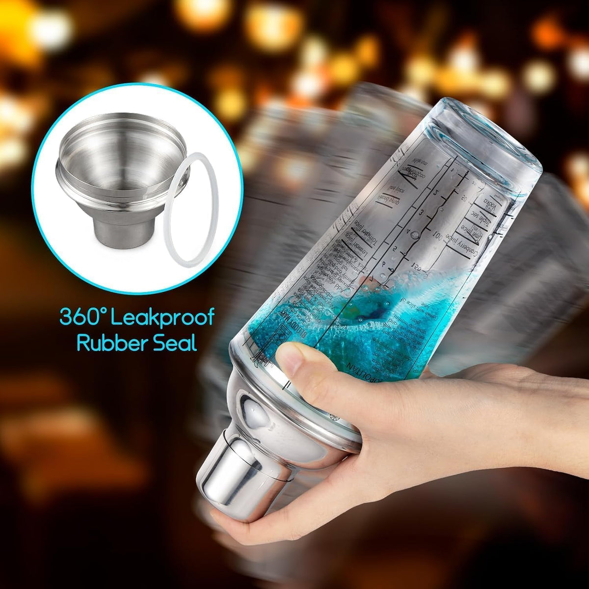 Glass Cocktail Shaker with Strainer, 14Oz Martini Shaker with 6 Recipes on Side, Clear Drink Shaker Bottle with Measurements, Bar Shakers Set Bartender Kit for Mixing Cocktail, Margarita