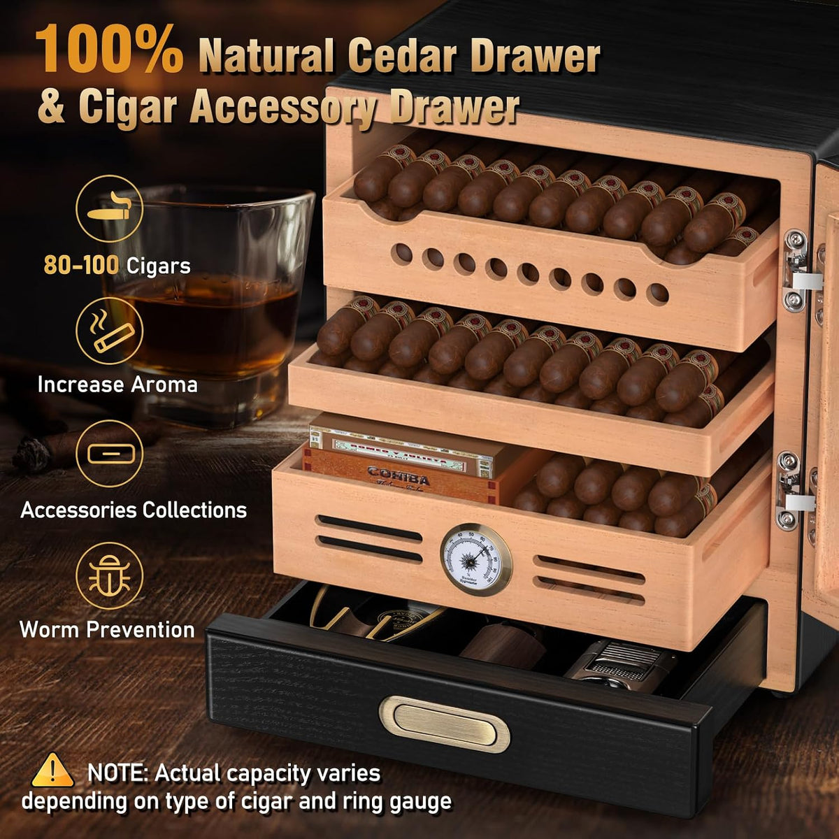 Cigar Humidor Cabinet, Cigar Cabinet Humidor with Spanish Cedar Wood Drawer, Precision Hygrometer, 2 Humidifiers, Cigar Accessories Drawer and Travel Cigar Case, Christmas for Cigar Lovers