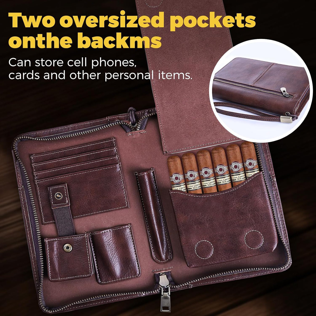 Portable Travel Leather Cigar Case, Handmade Full Grain Leather Cigar Box, Holds 5-6 Cigars, Cigar Humidor, Cigar Accessories for Men Gift