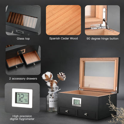 Cigar Humidor with 2 Drawers,Cigar Accessories with Humidifier,Humidor Cigar Box Solid Cedar Wood,Cigar Gifts for Men,Glass Top Humidor,Cigar Case Fit 25-50 Cigars,Desktop Cigar Box