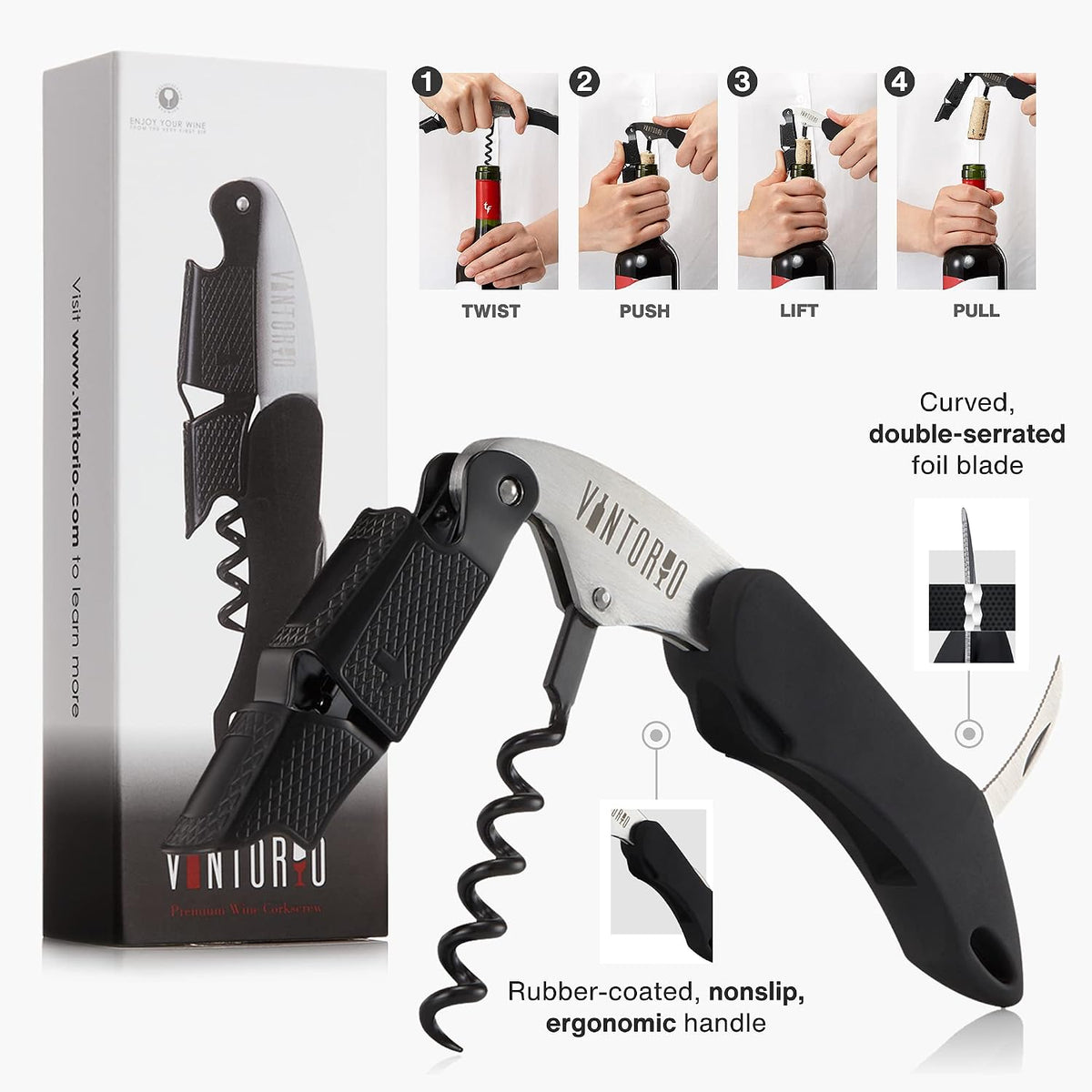 Professional Waiters Corkscrew - Wine Key with Ergonomic Rubber Grip, Beer Bottle Opener and Foil Cutter (1 Pack)