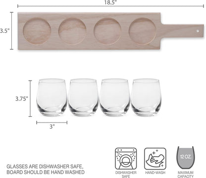 Wine Flight Tasting Board with 4 Stemless Wine Glasses - 18.5 Inch Natural Wood Serving Board, 12 Oz Glasses, Complete Wine Tasting Kit for Home Entertaining
