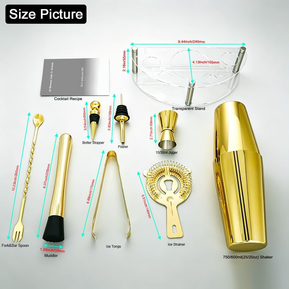 9-Piece Cocktail Shaker with Stand, 25Oz Bartender Kit, Cocktail Shaker with Strainer Set, Boston Shaker Set, Bar Set Jigger for Bartending Drink Mixer Set, Cocktail Set Recipes (Gold-25/20Oz)