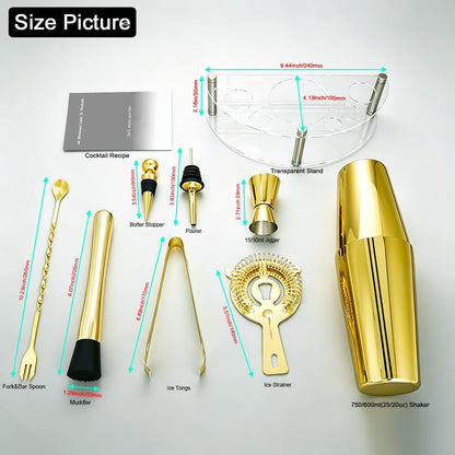 9-Piece Cocktail Shaker with Stand, 25Oz Bartender Kit, Cocktail Shaker with Strainer Set, Boston Shaker Set, Bar Set Jigger for Bartending Drink Mixer Set, Cocktail Set Recipes (Gold-25/20Oz)