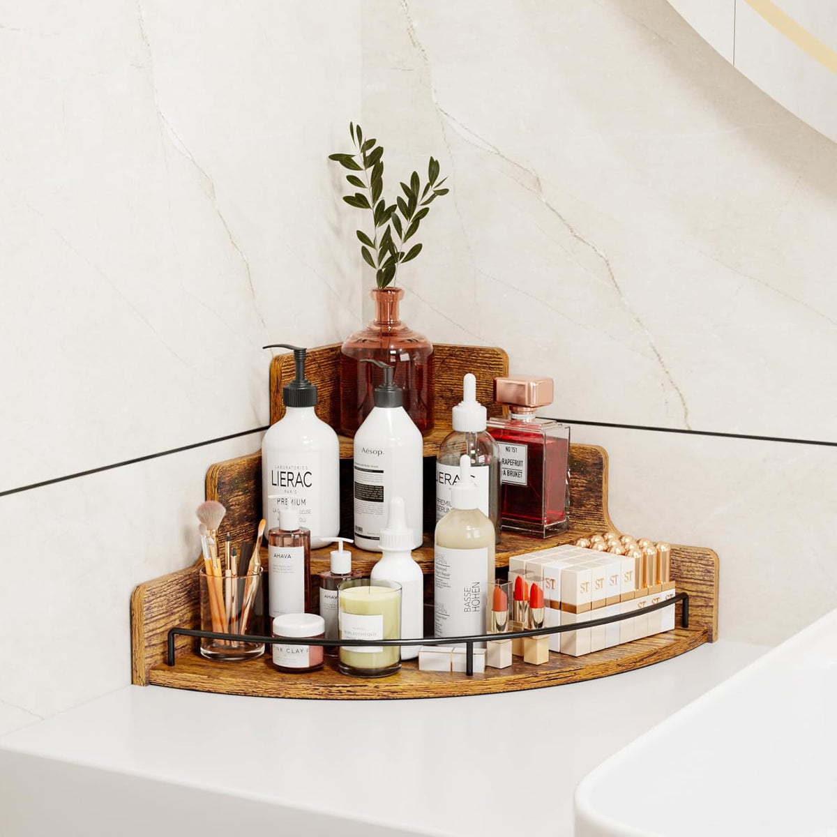 Liquor Bottle Display Corner Shelf, Brown