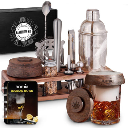 Bartender Kit with Whiskey Smoker – 13-Piece Bar Set with Pine Stand