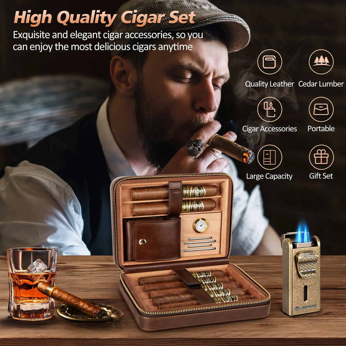 Travel Cigar Humidor,Leather Cigar Case with Cigar Lighter,Built-In Straight Cigar Cutter Cigar Punch,Portable Cigar Box with Humidifier and Cedar Tray,Cigar Accessories Set for Men,Hold 7 Cigars
