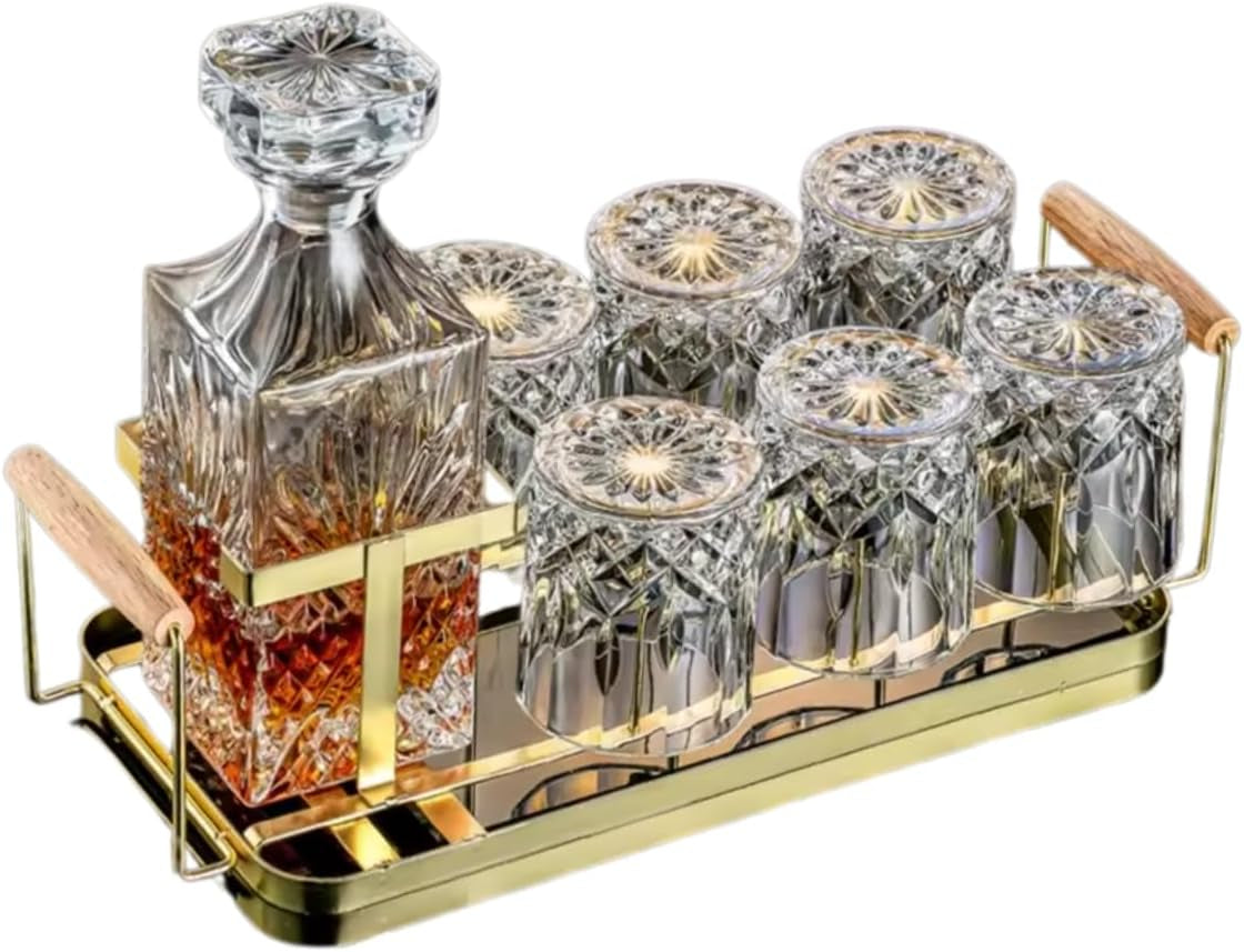 Customised Whiskey Decanter Set with 6 Glasses, Wooden Gift Box & Metal Tray – Premium Glass Barware Corporate Keepsake for Men, Groomsmen, Anniversary, Father’S Day Heavy Liquor Pour