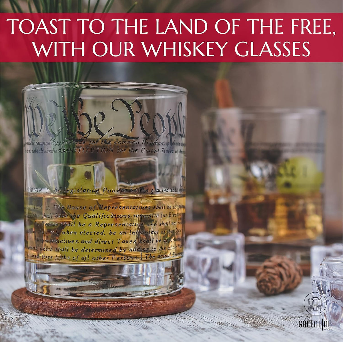 Whiskey Glasses – United States Constitution We the People (Set of 2) - 10 Oz Tumblers - American US Patriotic Gift Set - Old Fashioned Cocktail Glasses