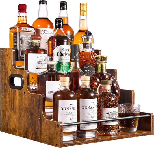 4-Tier Liquor Bottle Display Shelf, Rustic Brown, 16-Inch